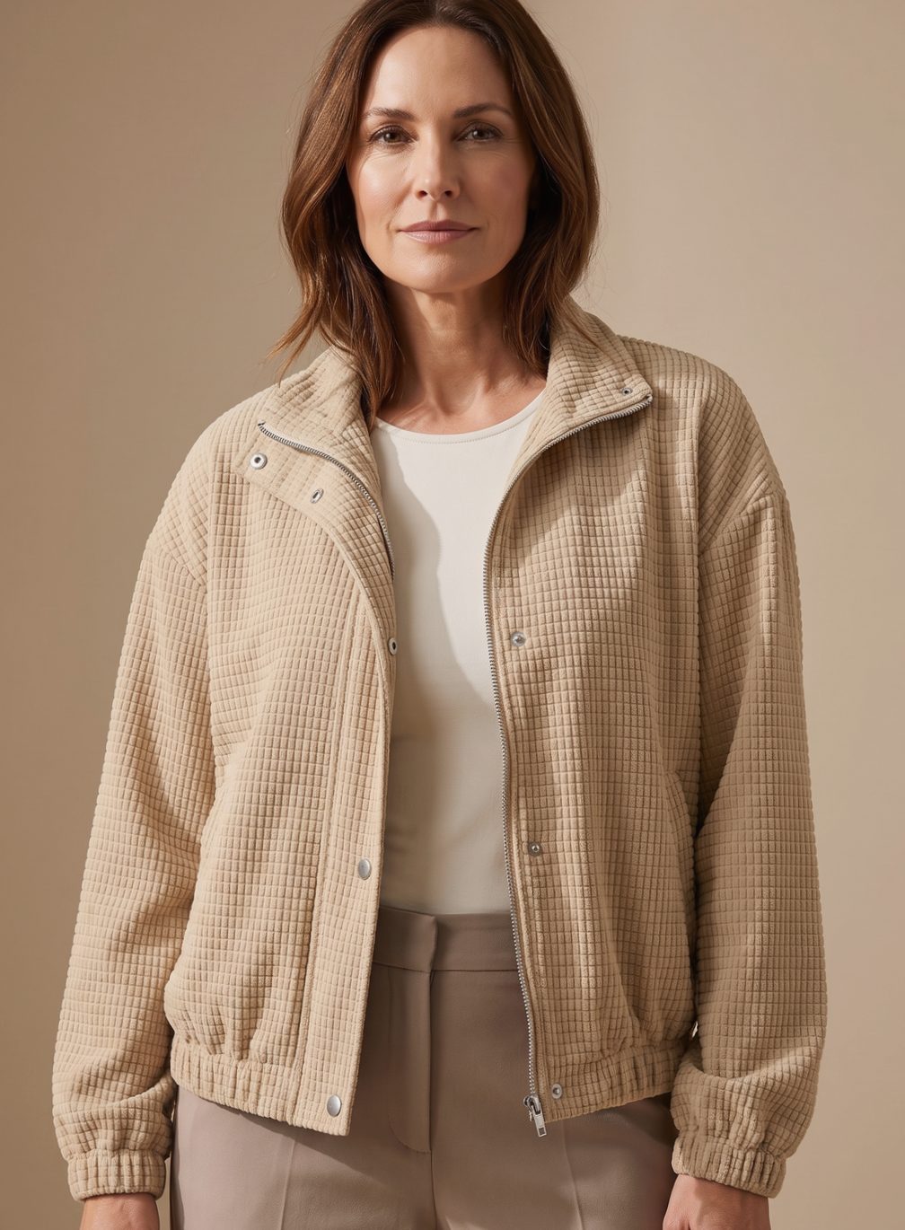 Vista frontal de la chaqueta cropped con cuello mao y puños elásticos
