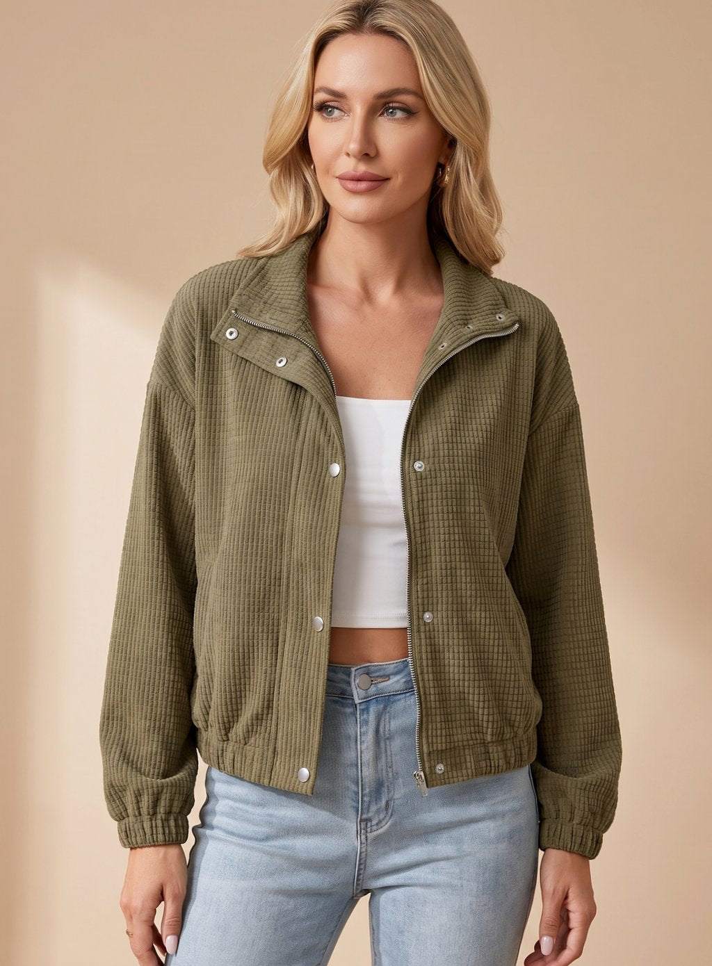 Chaqueta de punto waffle combinada con vaqueros para un look diario