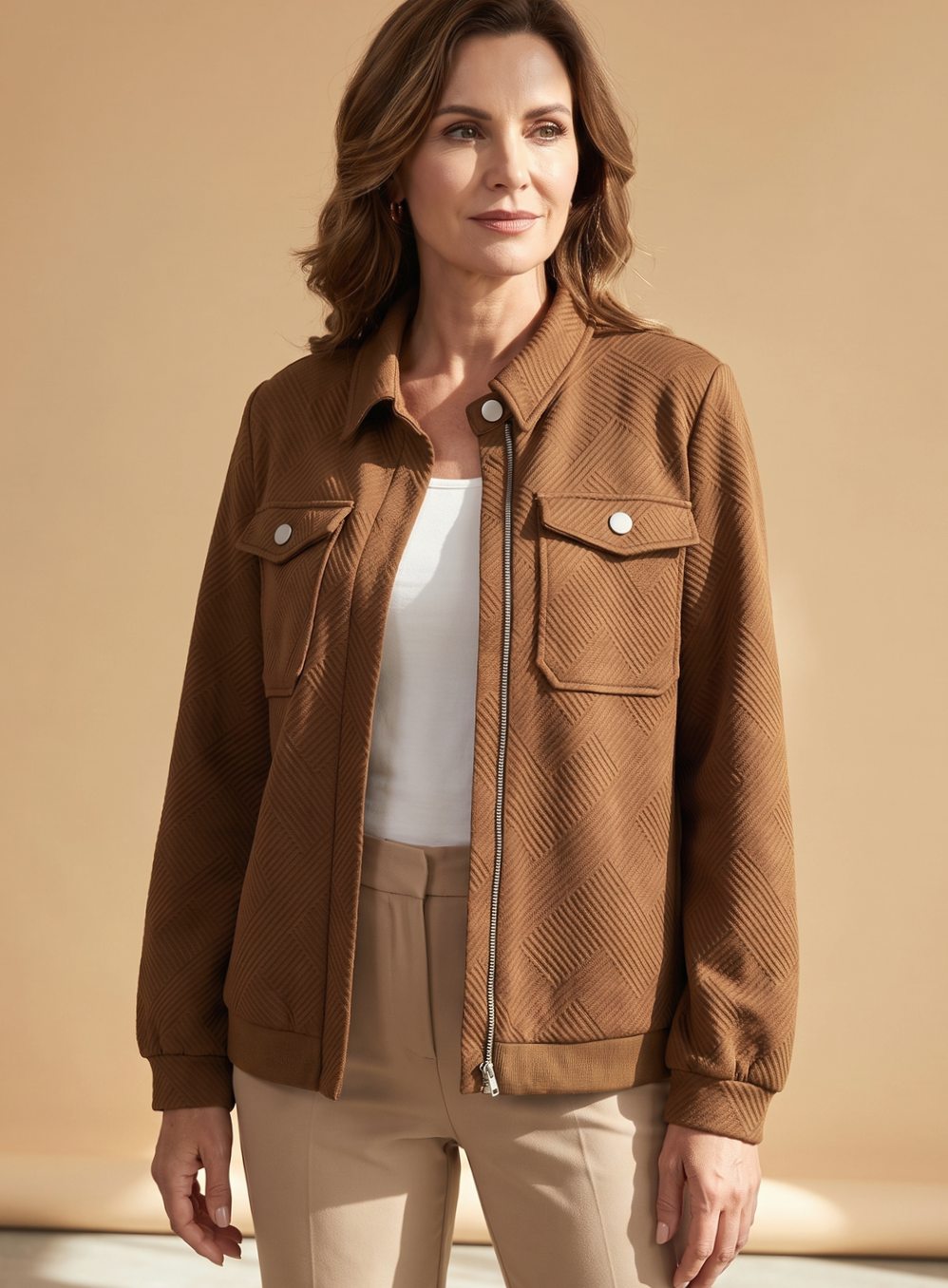 Cazadora bomber texturizada color marrón café para mujer, vista frontal completa
