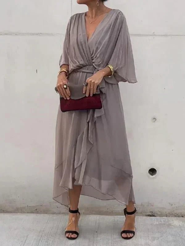 NAELLA | Vestido Midi Elegante para Mujer con Cinturón y Escote en V | Ideal para Eventos Especiales - Noa Lagos