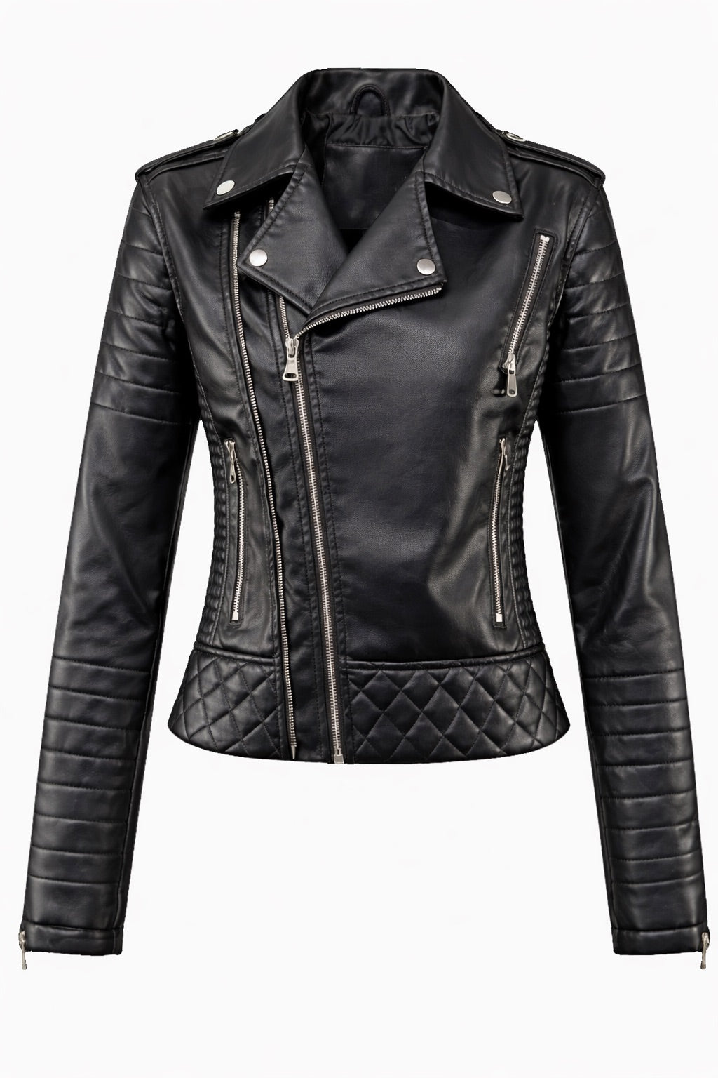 Mujer con chaqueta de cuero negra estilo motero Nairu