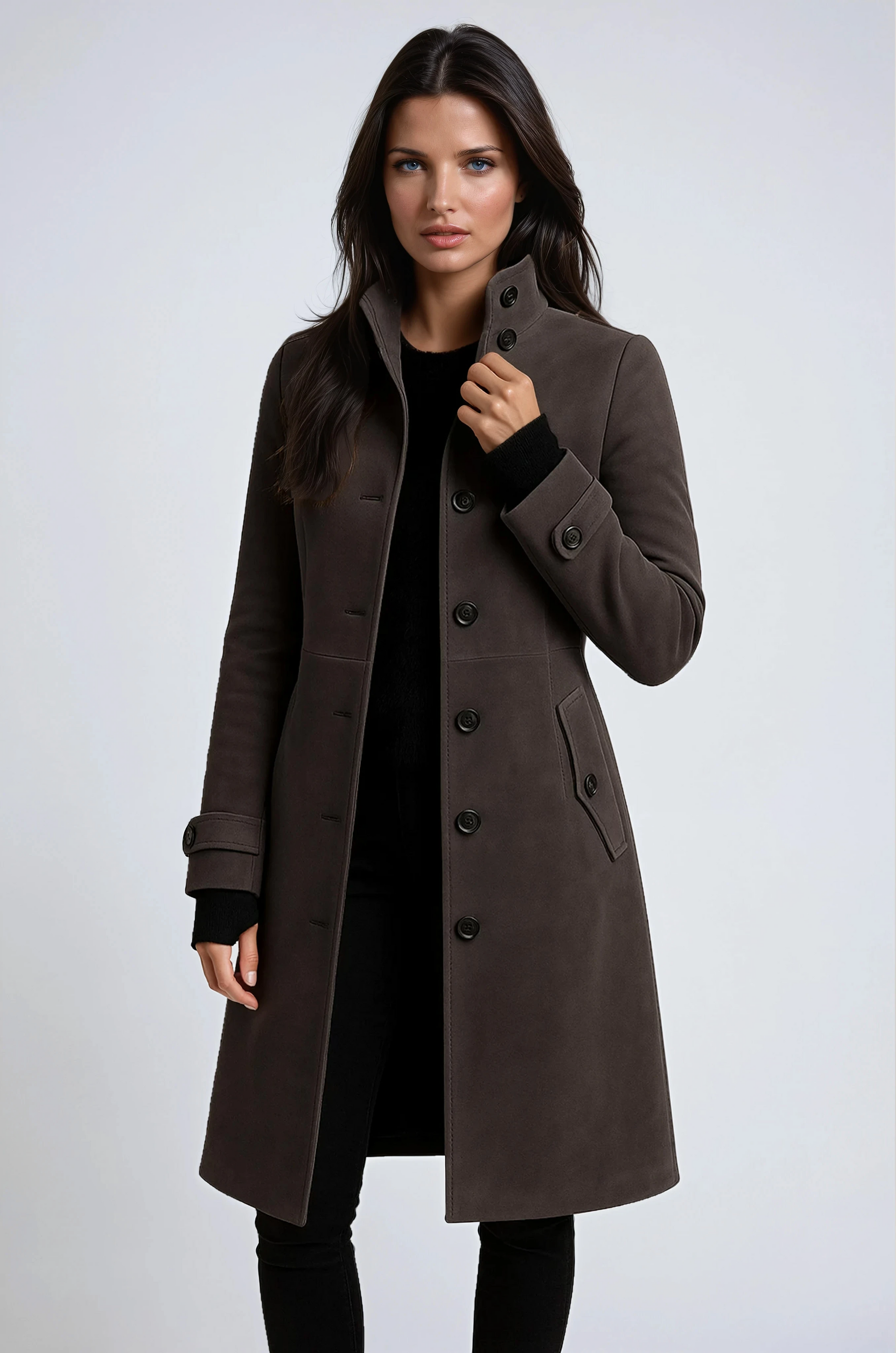 Mujer con abrigo trench acolchado Nerea en look de invierno