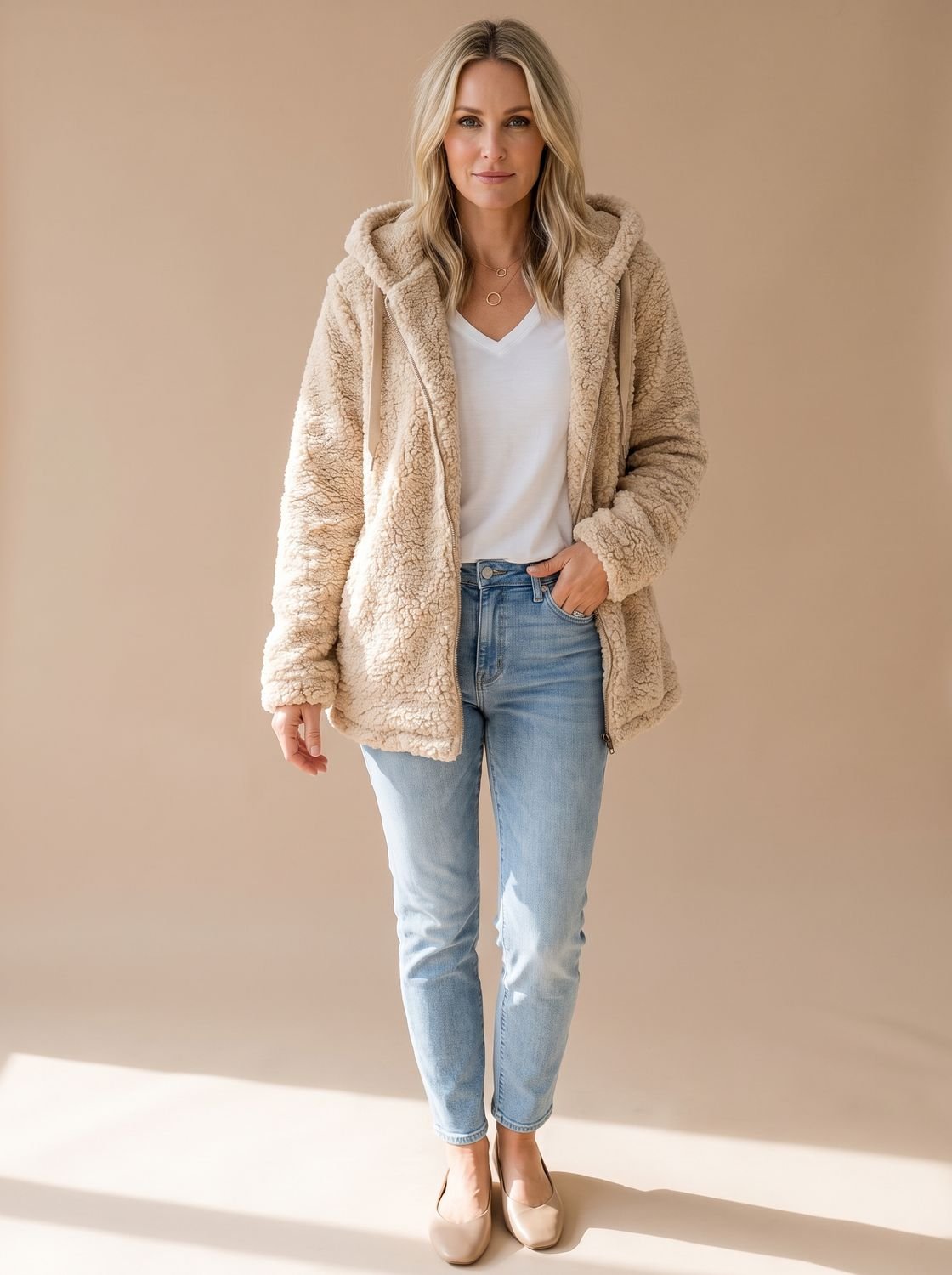 Mujer con abrigo oversize de borreguito con capucha en color liso