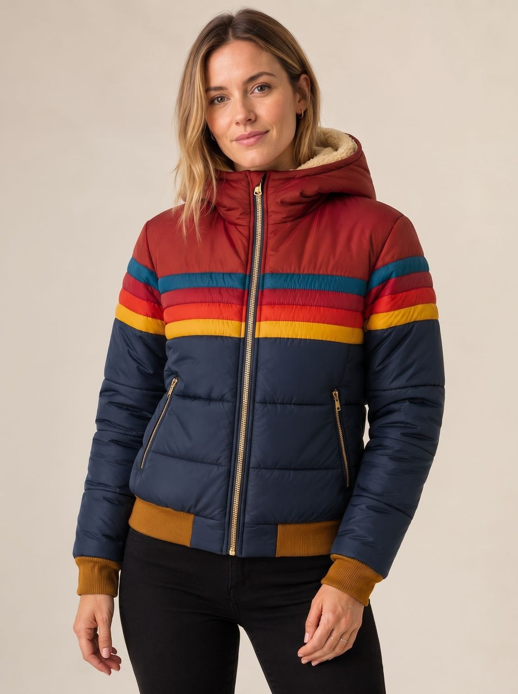 Mujer con chaqueta acolchada impermeable con capucha y diseño de rayas retro color-block