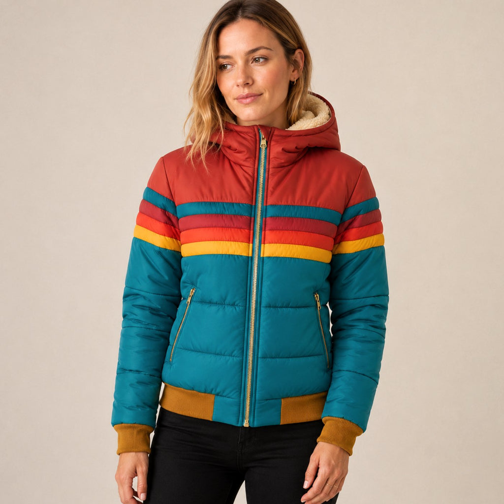 Detalle de la capucha con forro sherpa de la chaqueta acolchada para mujer