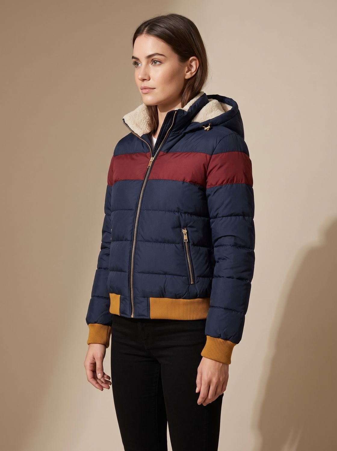 Vista lateral de la chaqueta impermeable con panel de rayas retro multicolor