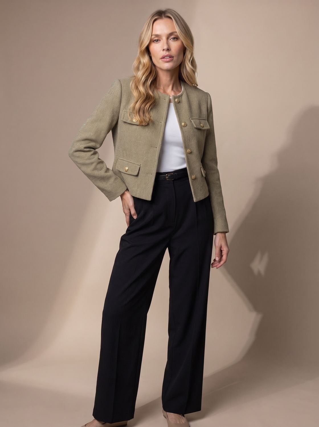 Detalle de acabado y costuras de la blazer de tweed con botones dorados