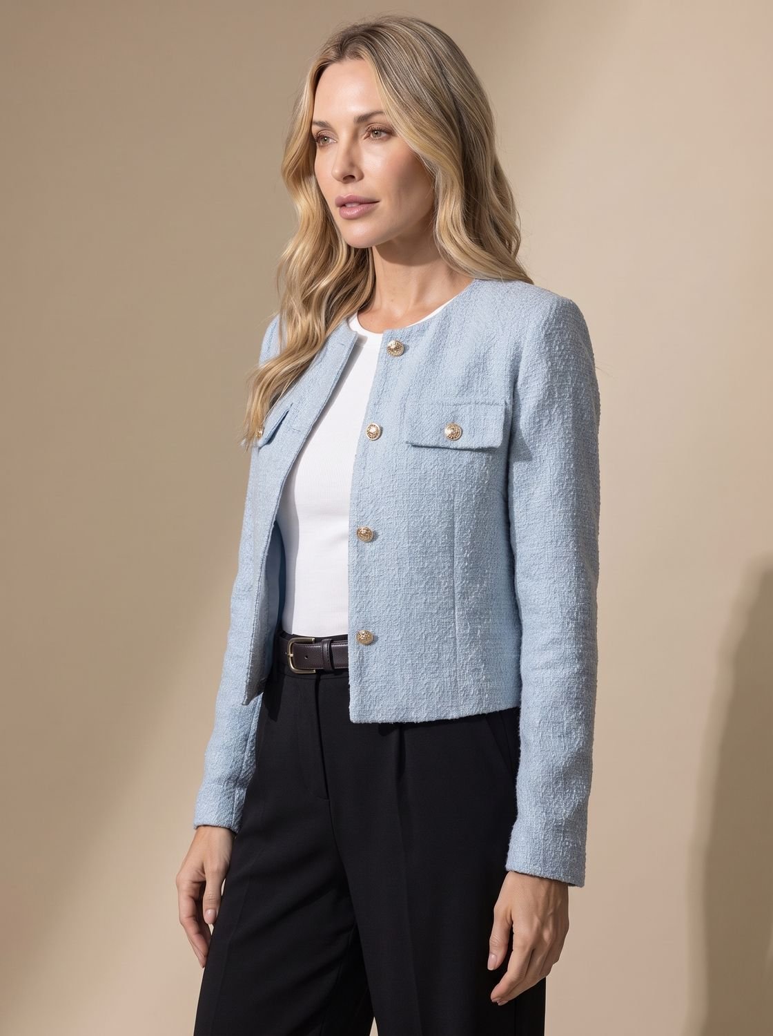 Detalle de los botones dorados en la blazer de tweed cropped
