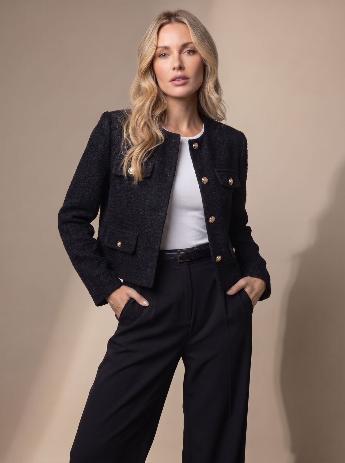 Blazer de tweed cropped combinada con pantalón de vestir