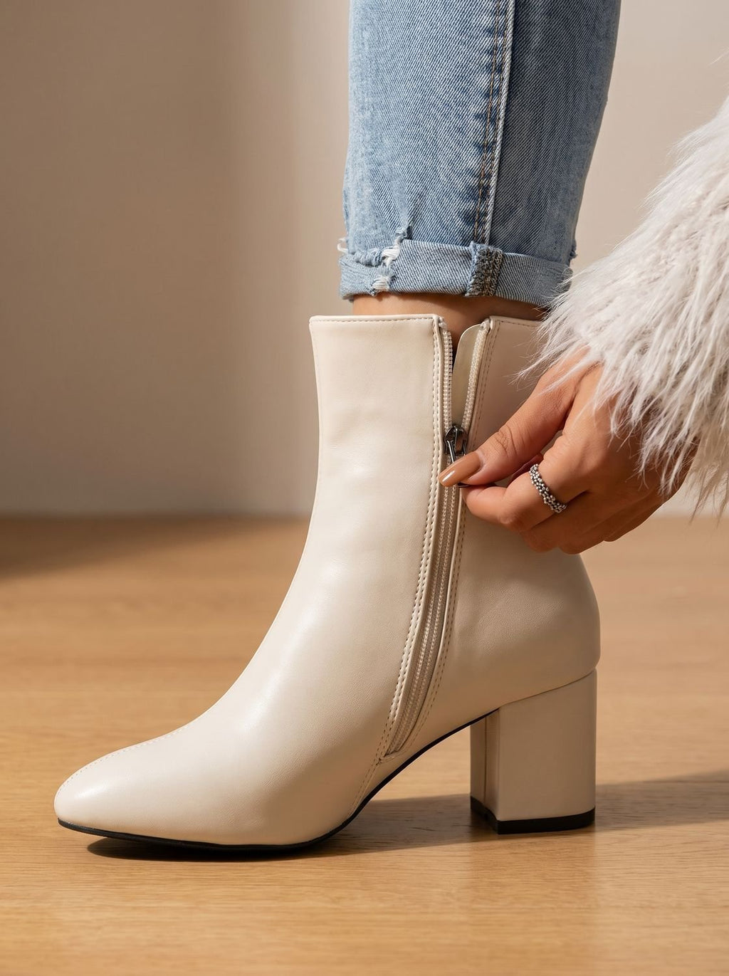Vista lateral de botines tobilleros con cierre de cremallera y tacón block heel