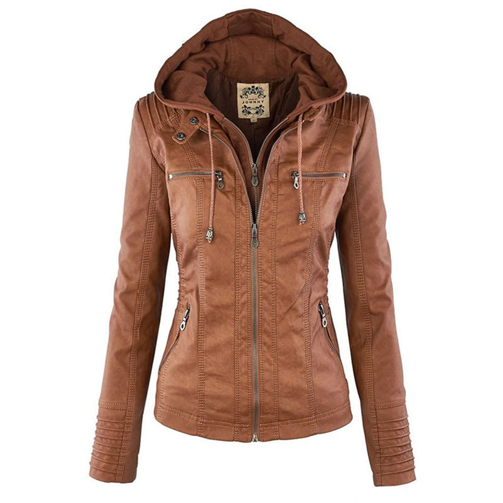Chaqueta de cuero Aurora con capucha ajustable para mujer, vista frontal completa
