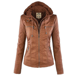 Chaqueta de cuero Aurora con capucha ajustable para mujer, vista frontal completa