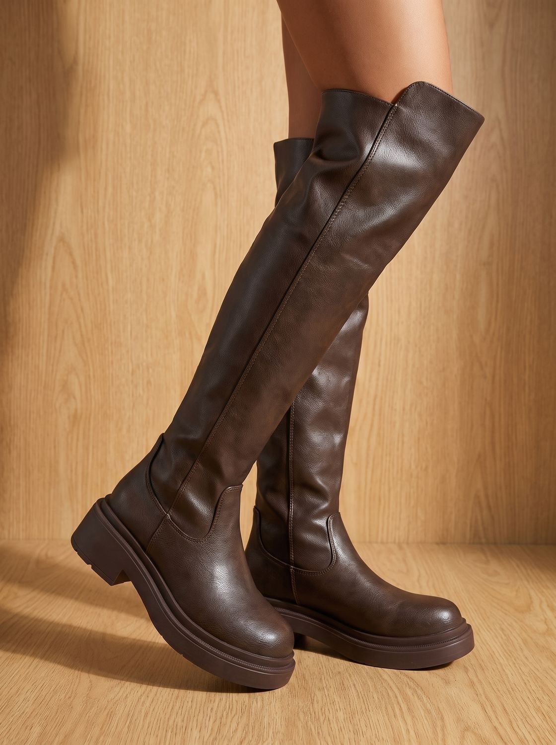 Botas altas planas en color marrón sobre fondo neutro