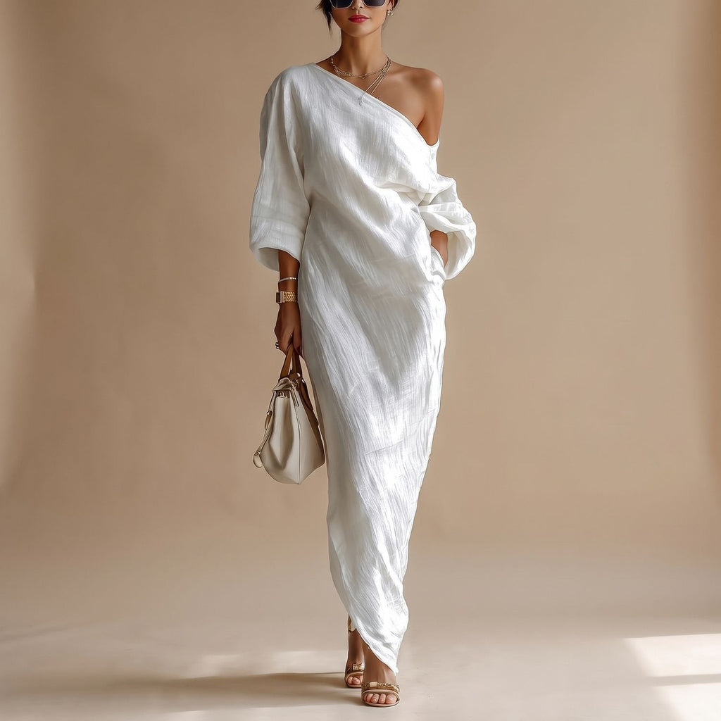 Vestido maxi asimétrico de un hombro en blanco para mujer, vista frontal