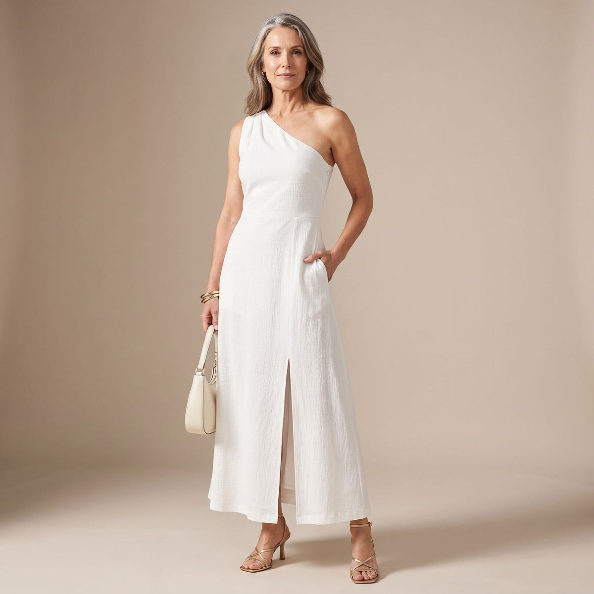 Vestido maxi blanco de un hombro, largo hasta el suelo, look elegante