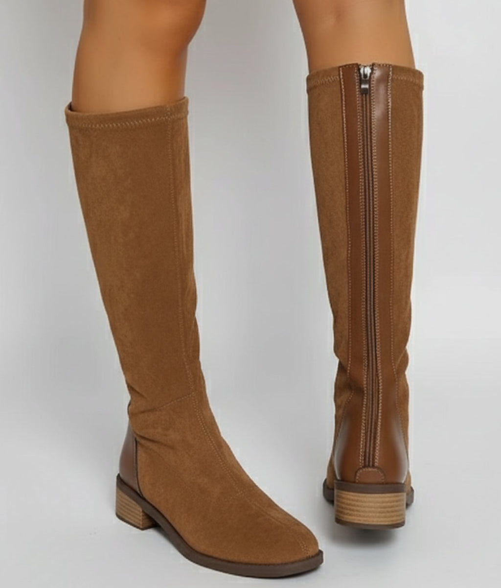 Botas altas de mujer efecto ante en color camel con tacón bajo