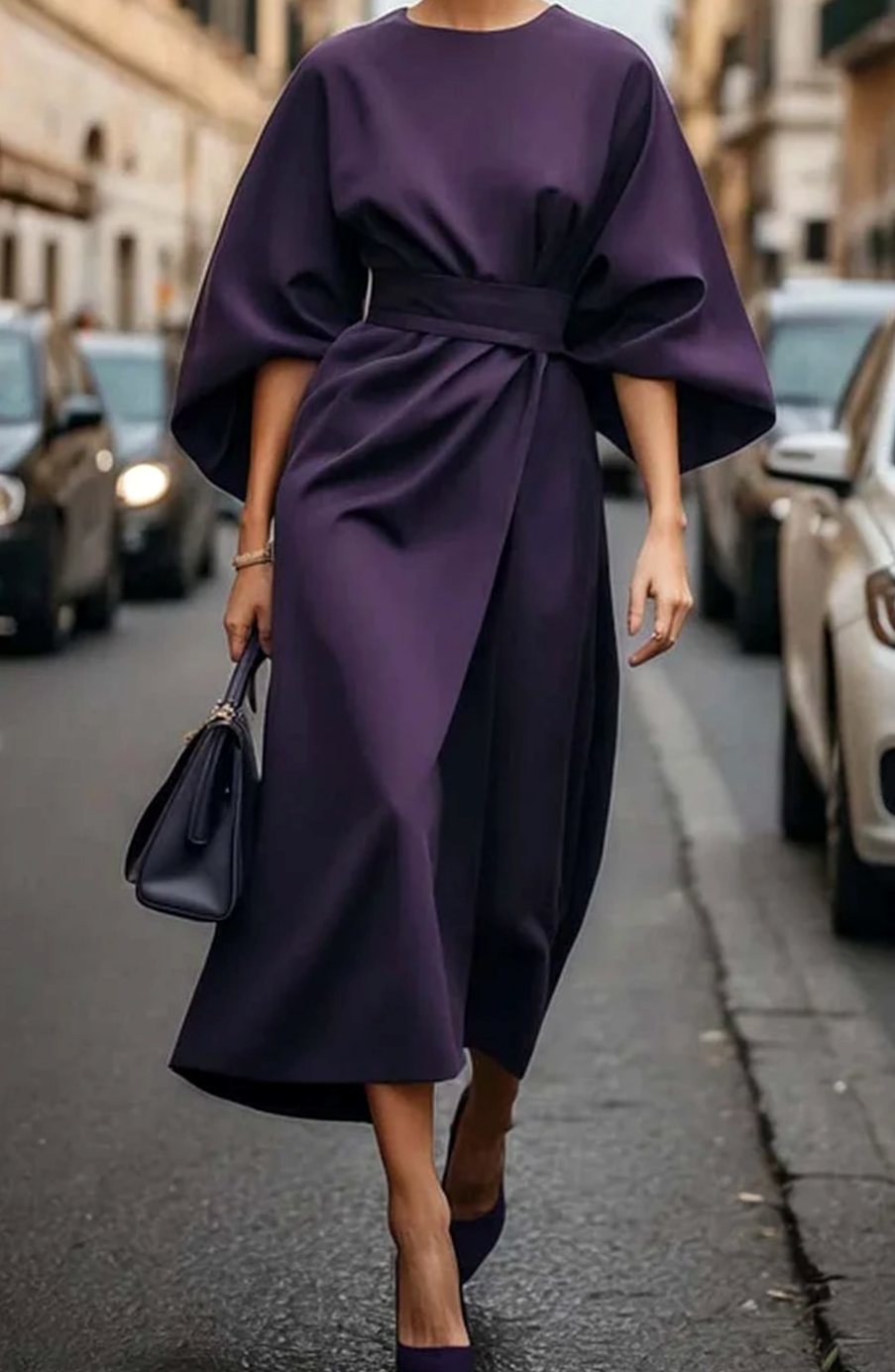 Vestido midi con mangas farol voluminosas, vista de perfil