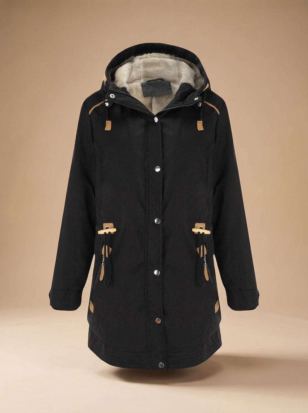 Mujer con parka de invierno SNOWMERE en color negro con capucha de sherpa