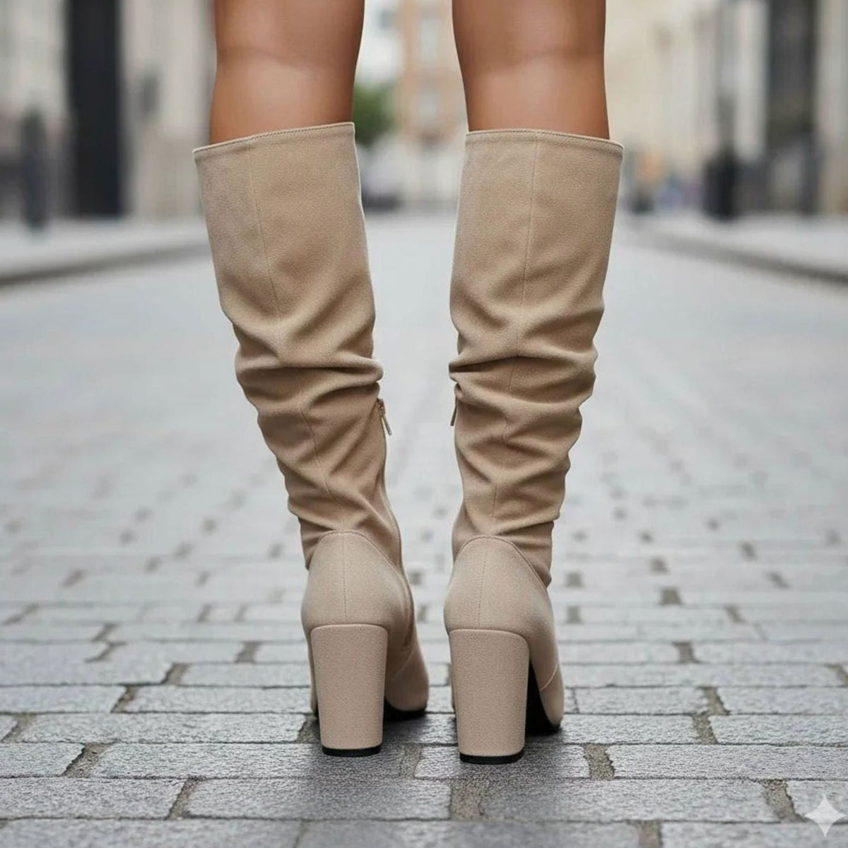 Detalle del tacón ancho de las botas altas fruncidas para mujer