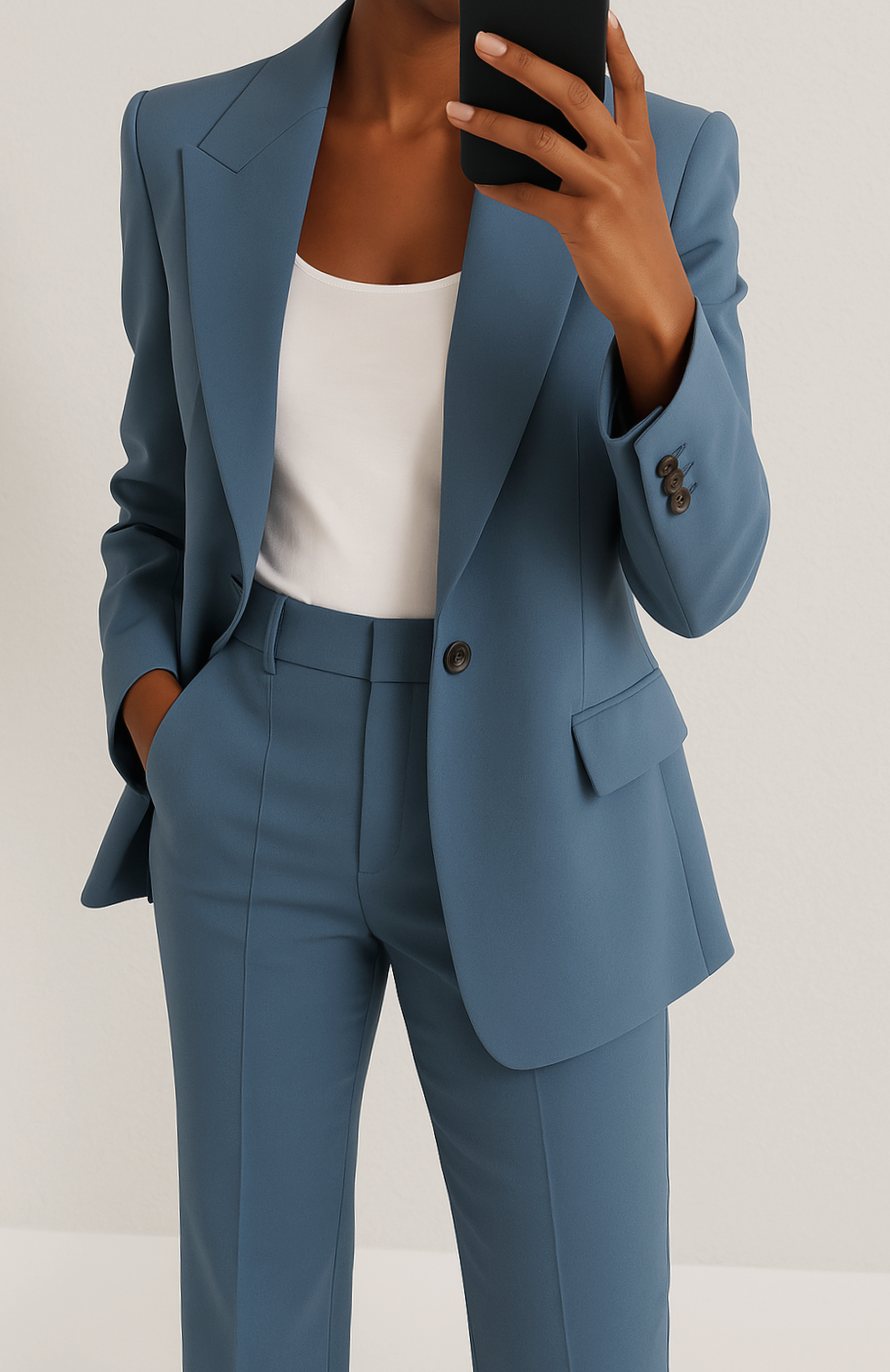 Mujer con conjunto de blazer y pantalón recto en look de oficina elegante