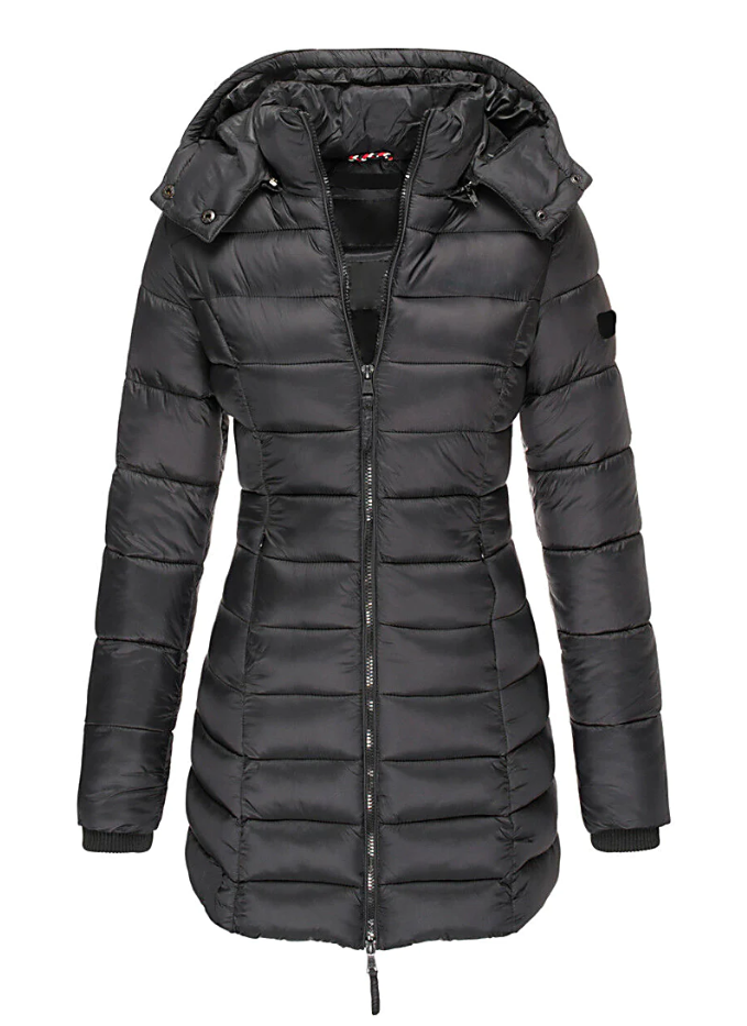 Detalle del acolchado y textura del abrigo de invierno para mujer