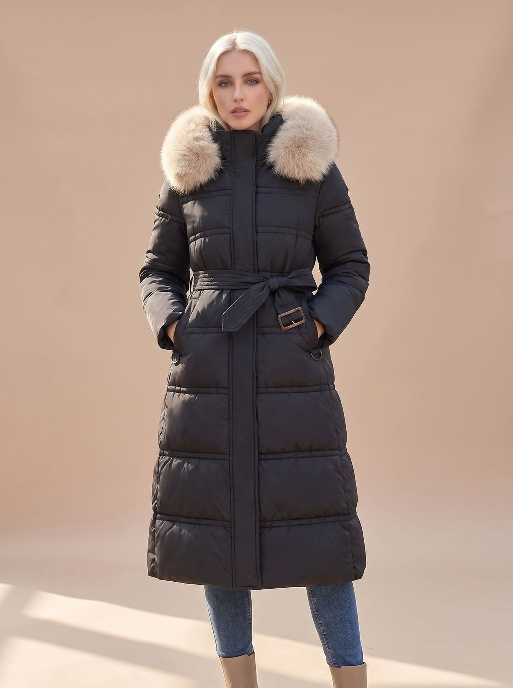 Abrigo acolchado con capucha de pelo, look urbano de invierno