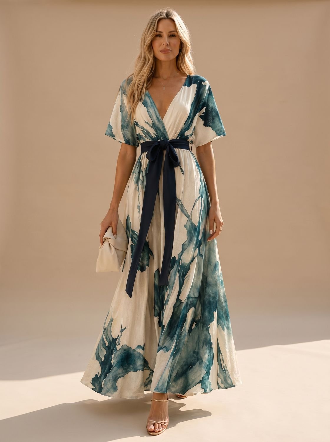 Vestido largo boho Elara con escote en V y estampado acuarela para mujer