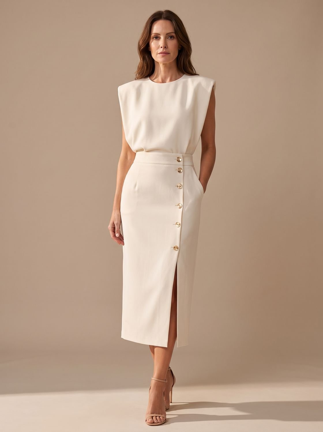 Vestido midi entallado de mujer con botones dorados y abertura frontal