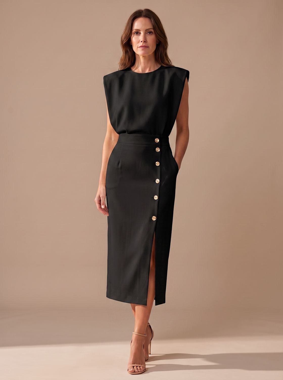 Vista lateral del vestido midi sin mangas con cintura marcada