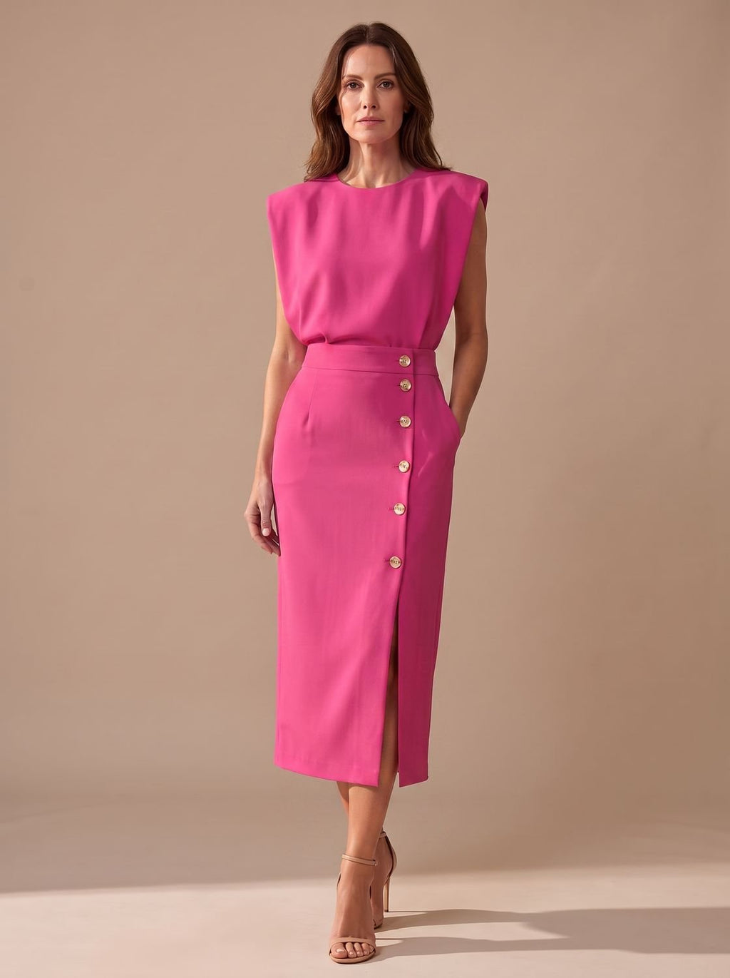 Detalle de bolsillos laterales y acabado estructurado del vestido midi