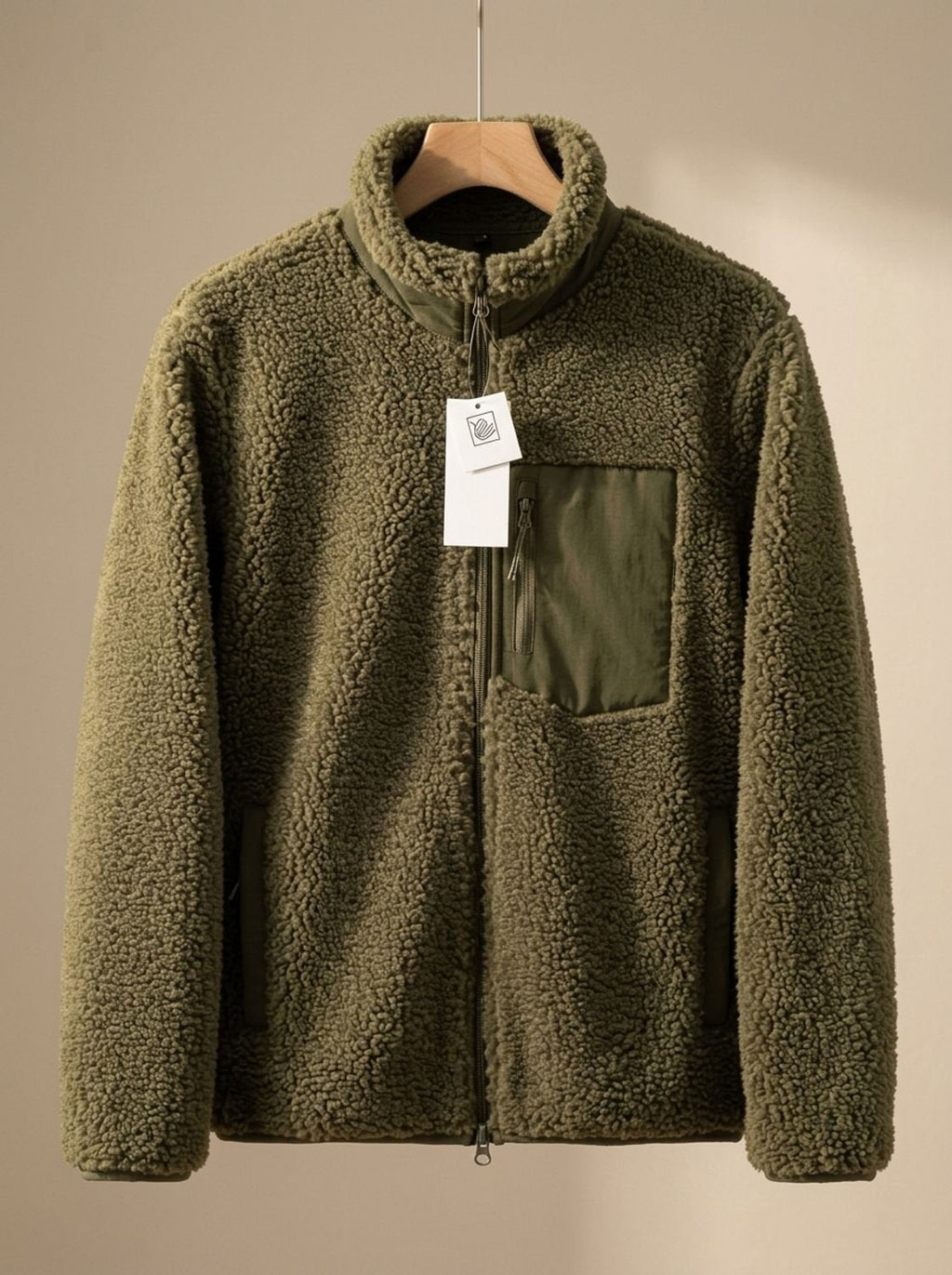 Detalle del cuello alto de la chaqueta sherpa de mujer