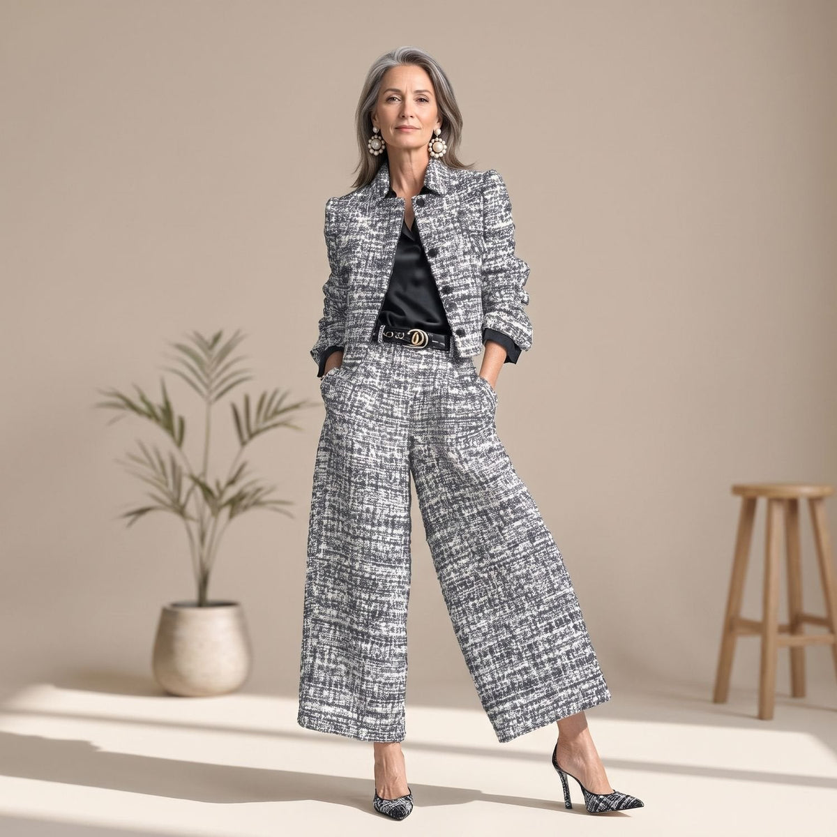 Conjunto Sophie de chaqueta tweed y pantalón ancho para mujer, look elegante de oficina