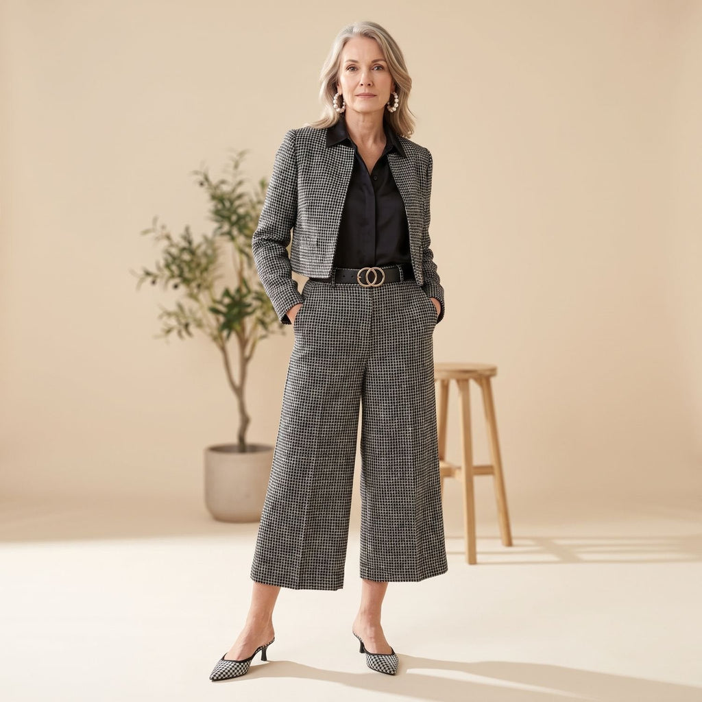 Detalle de la chaqueta de tweed con botonadura del conjunto Sophie para mujer