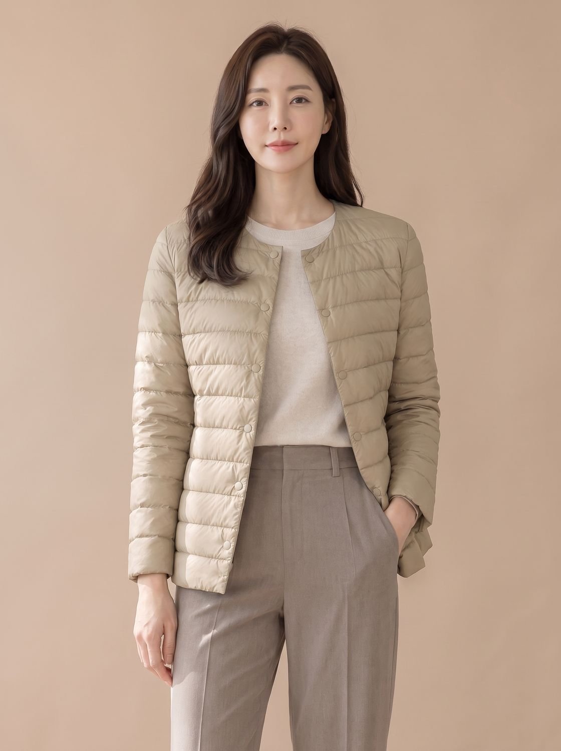 Modelo luciendo la chaqueta acolchada combinada con un look casual