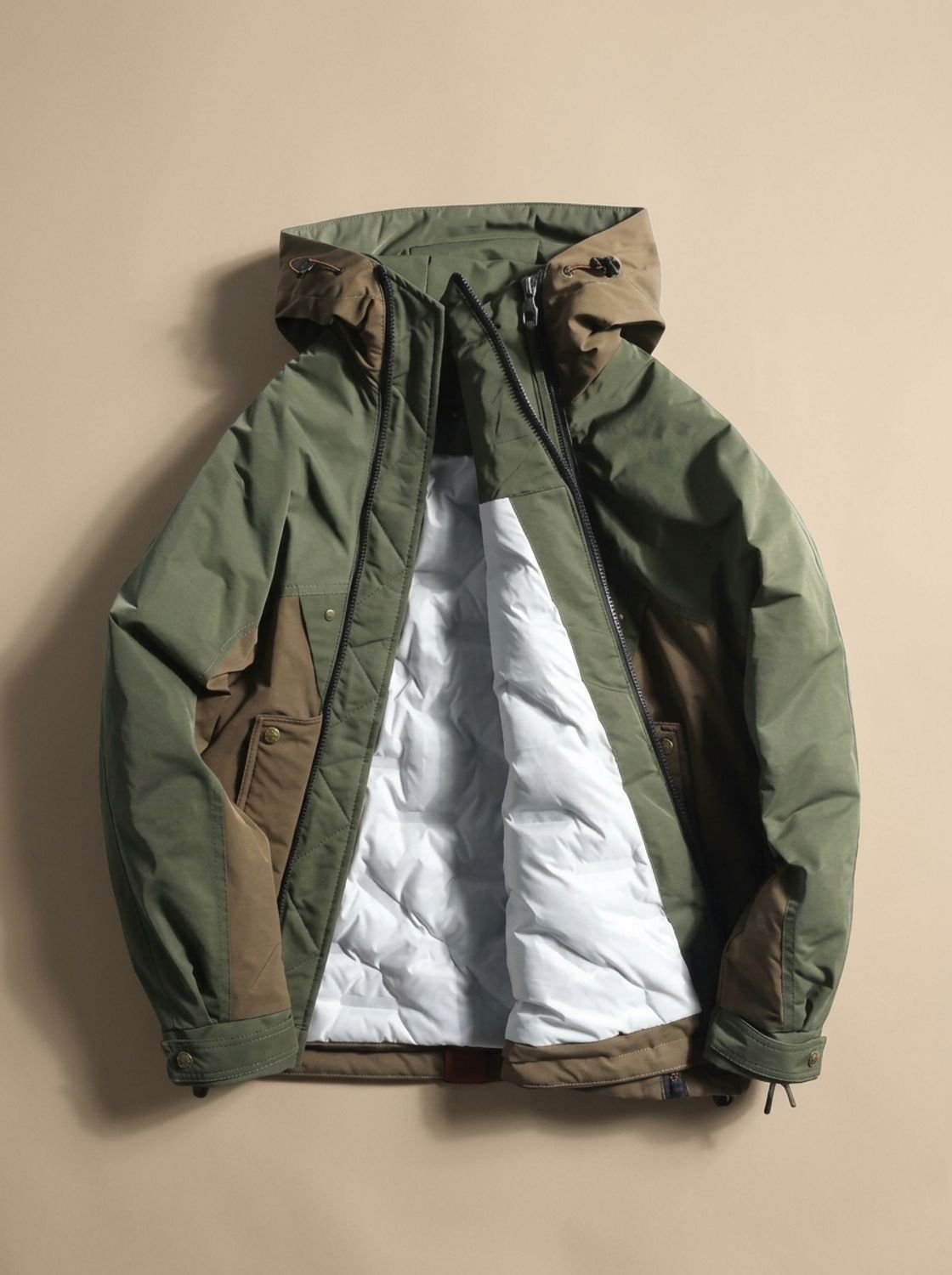 Bolsillos delanteros con botón y cremallera en la anorak acolchada de hombre