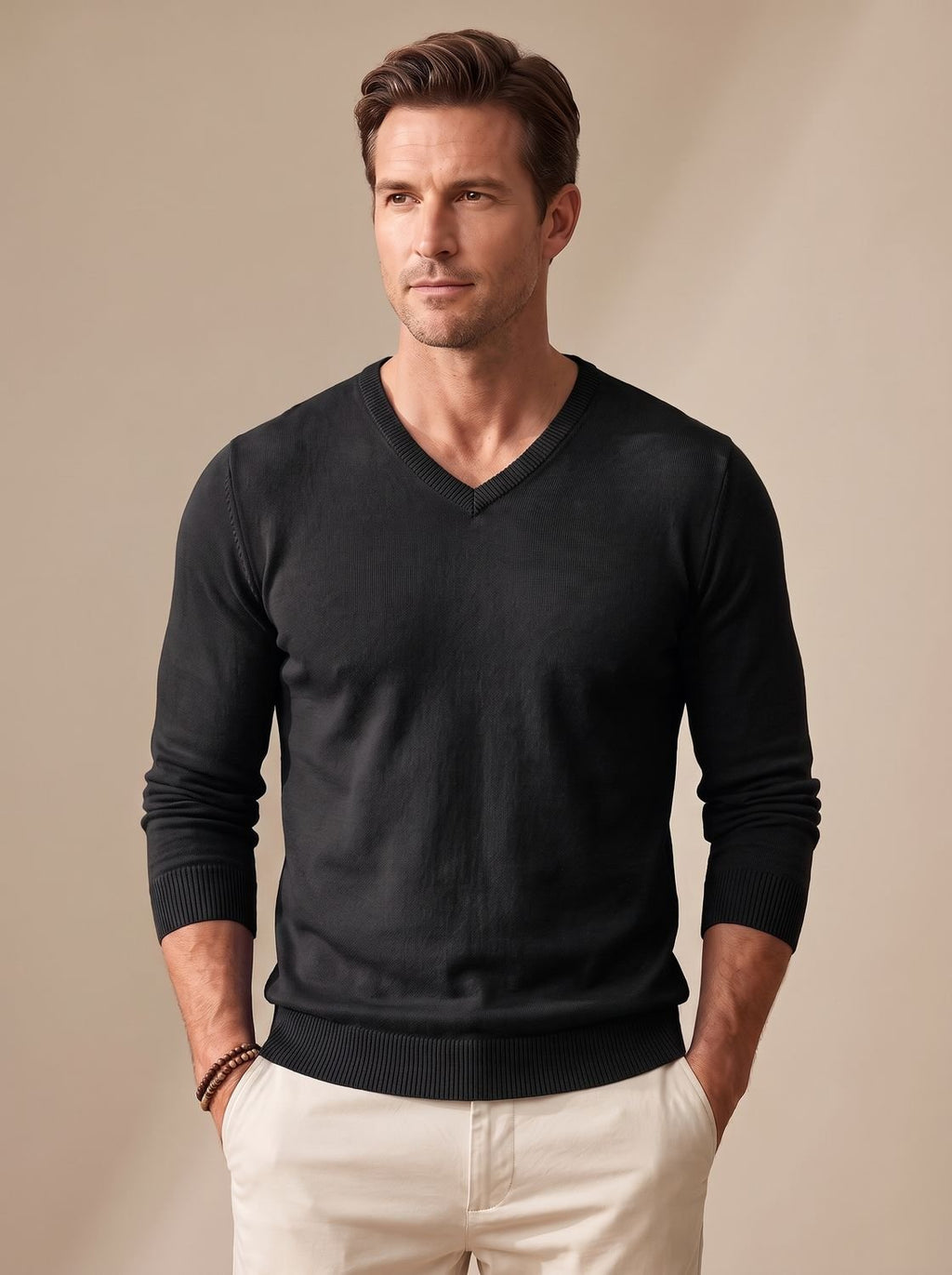 Hombre con jersey slim fit de punto fino combinado con camisa