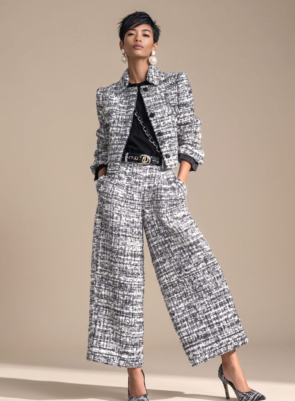 Mujer con conjunto Valentina de blazer y pantalón ancho de tweed en look de oficina