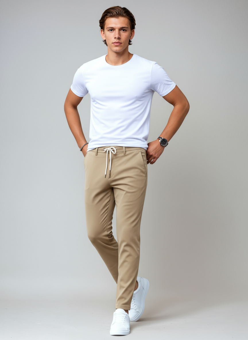 Detalle del corte slim fit del pantalón chino THERON