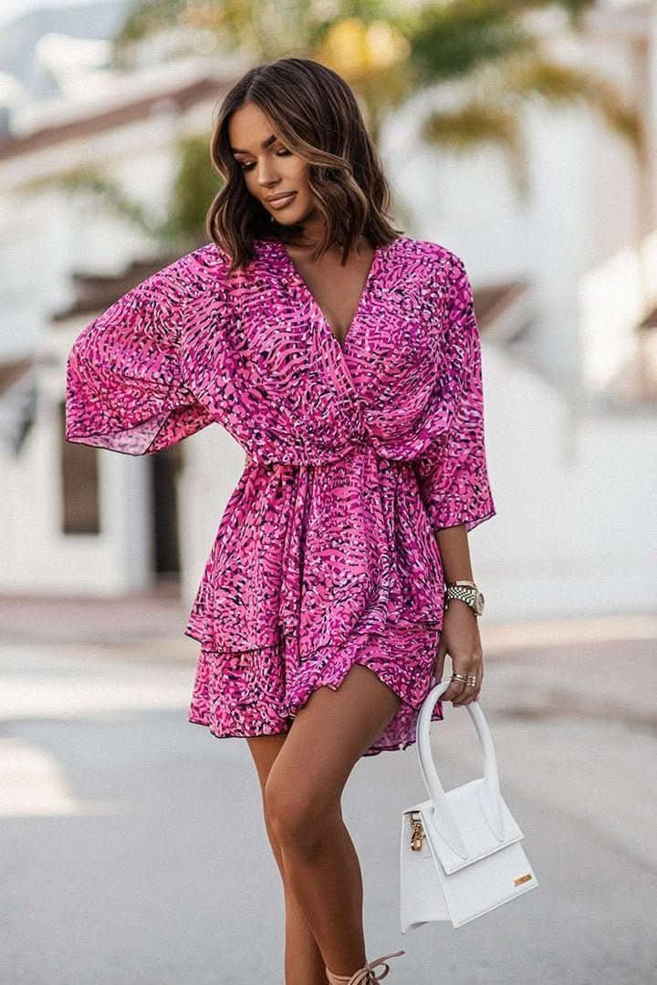 Valentina | Minivestido de cóctel con estampado tropical para mujer con falda escalonada - Noa Lagos