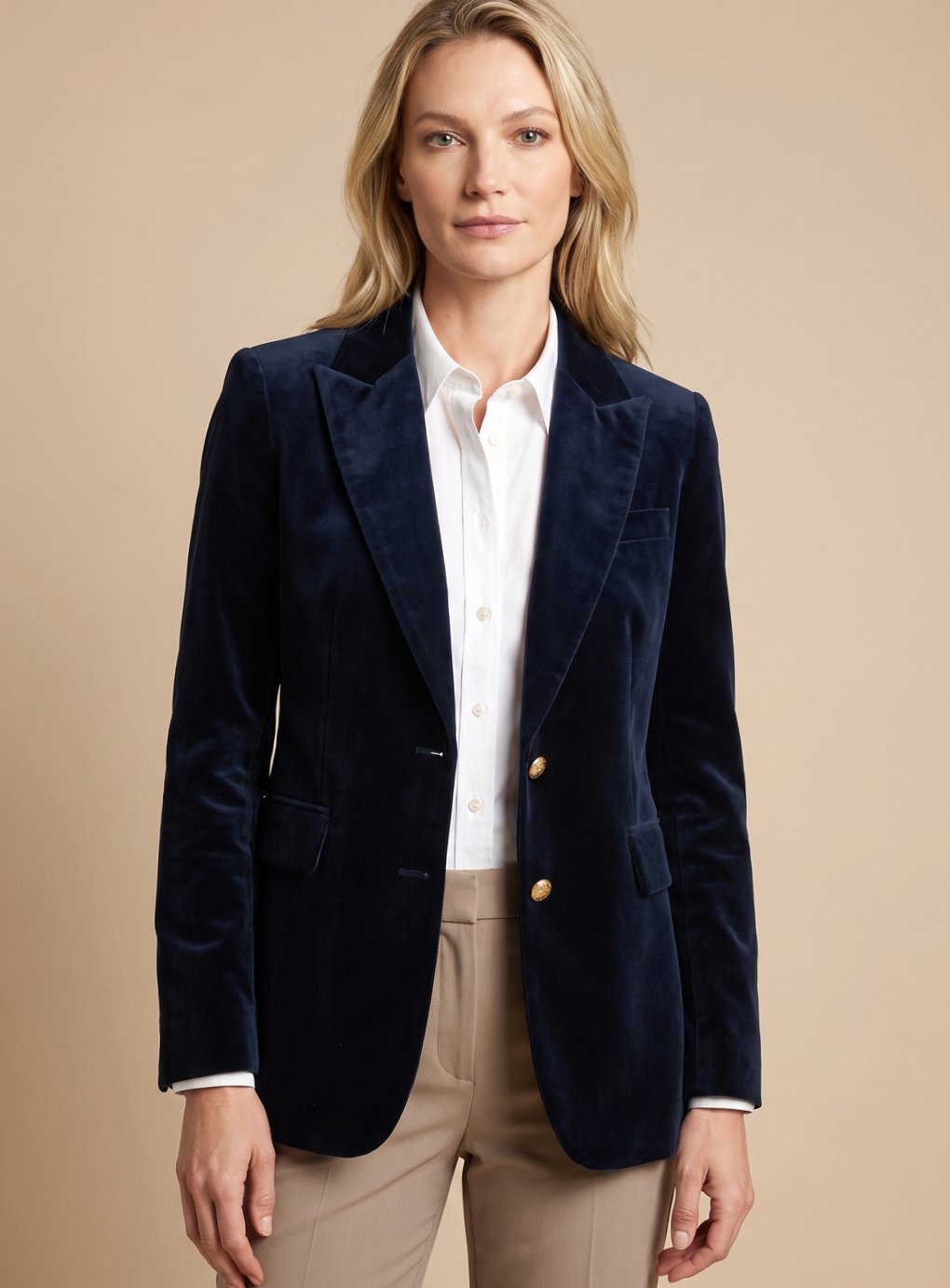 Blazer de terciopelo slim fit combinada con pantalón de vestir para look de oficina