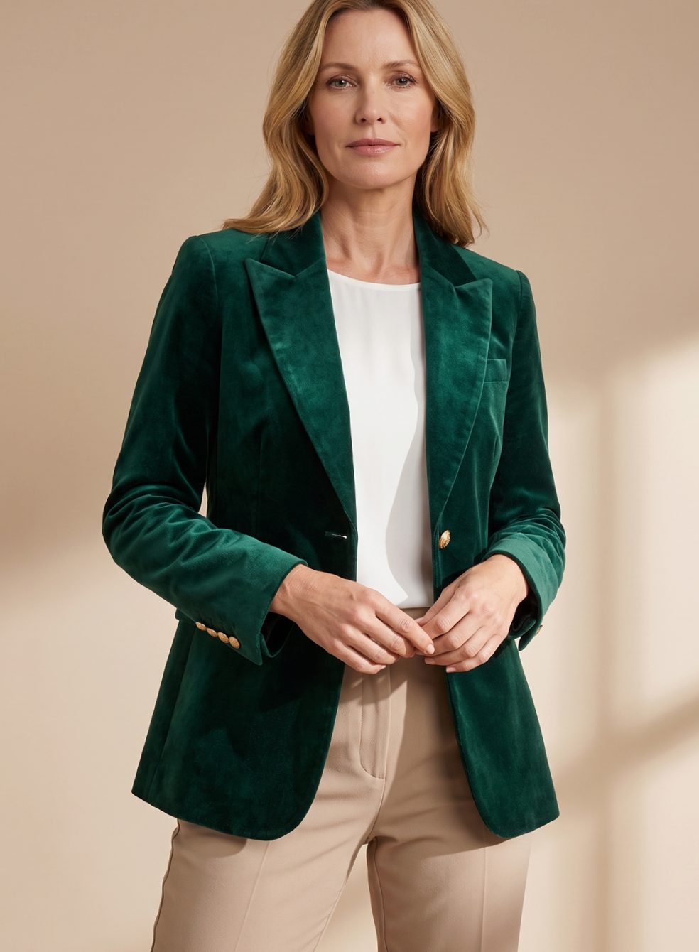 Textura de terciopelo de la blazer slim fit con botones dorados en primer plano
