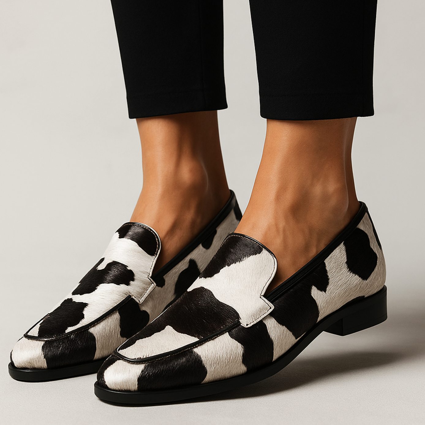 Vista lateral de mocasines slip-on con estampado animal print para mujer