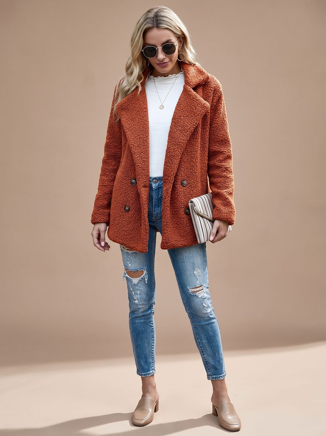 Chaqueta oversize de peluche teddy cruzada para mujer, vista frontal completa