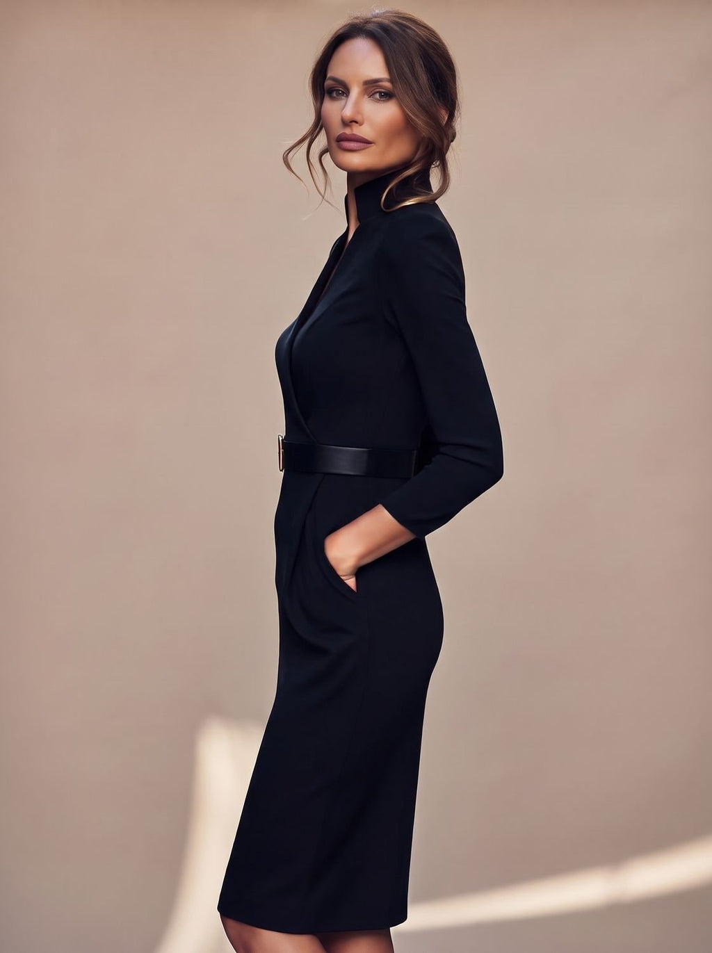 Mujer luciendo vestido midi negro entallado con cinturón