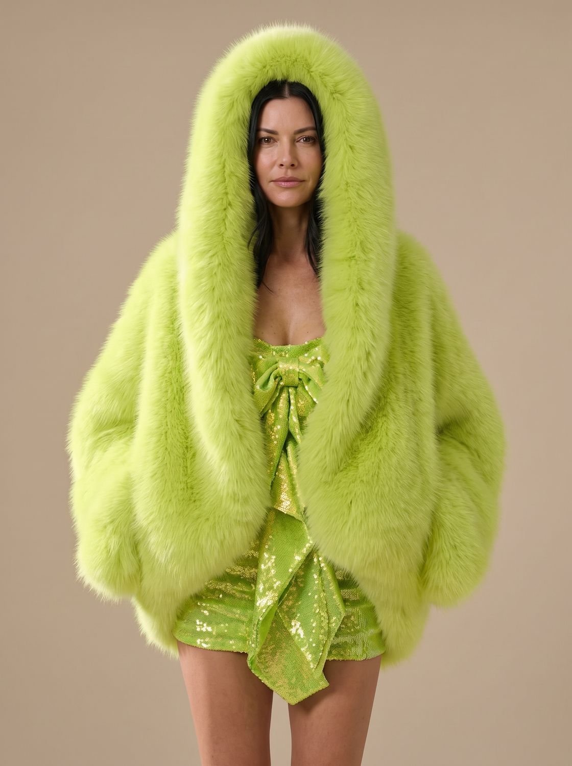 Mujer con abrigo oversize de pelo sintético con capucha en color marrón