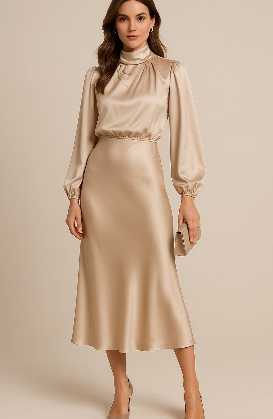 Vestido midi de satén con cuello alto para mujer, vista frontal completa