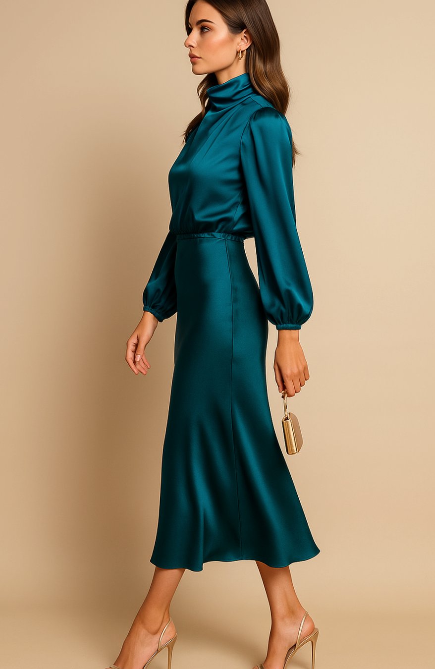 Detalle de la cintura alta con costura elástica del vestido