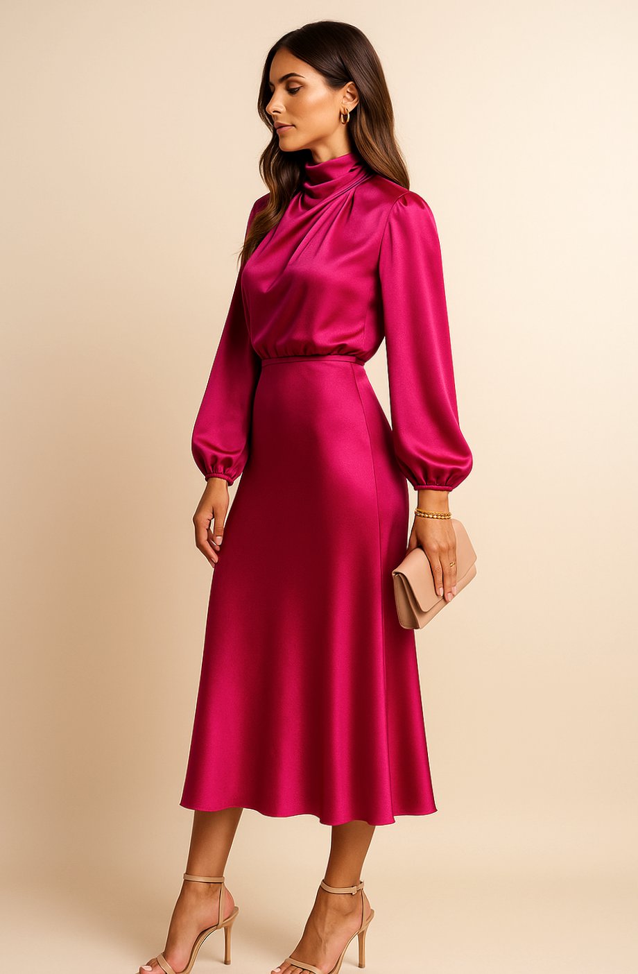 Modelo luciendo el vestido midi de satén en color rosa