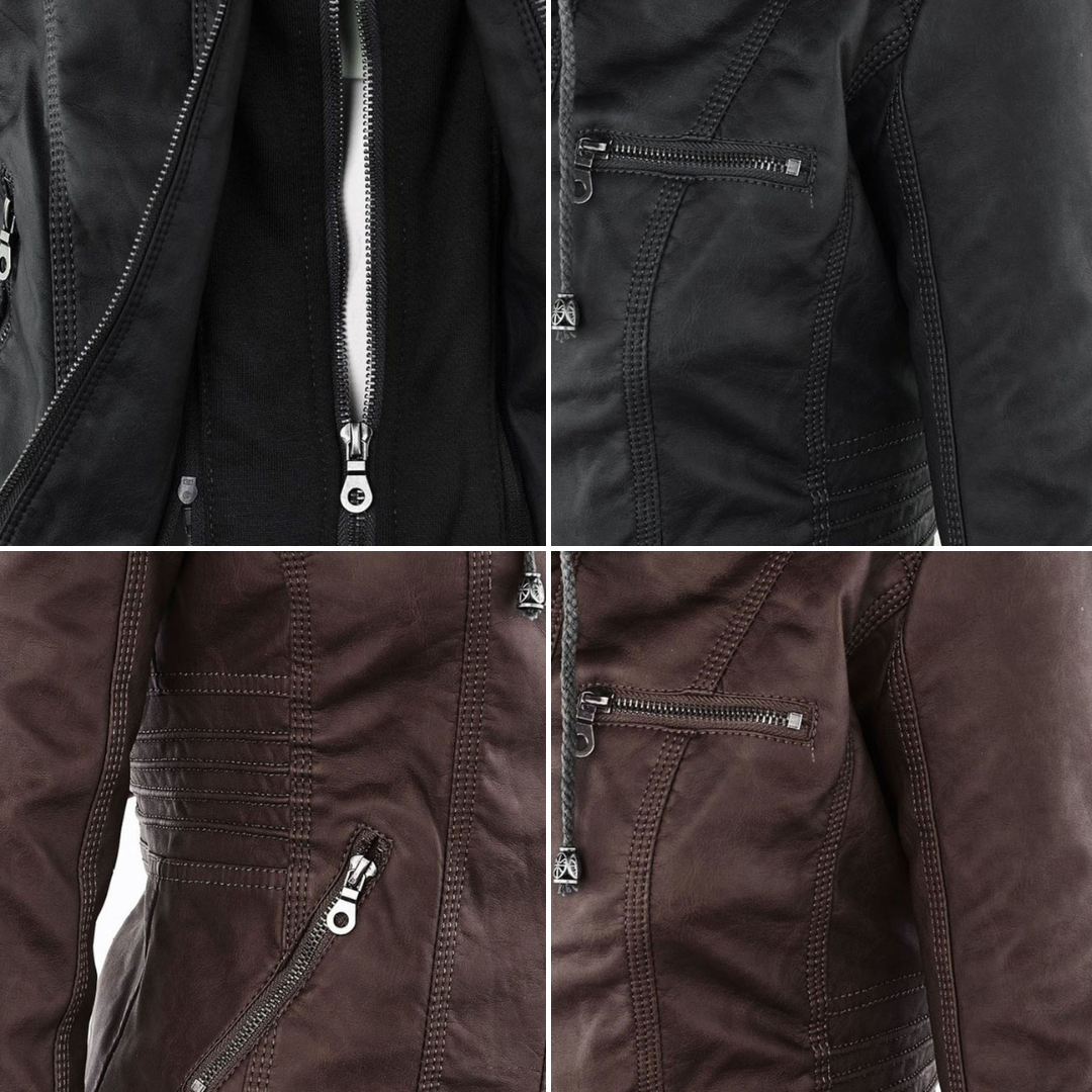 Detalle de bolsillos de la chaqueta de cuero Nerea