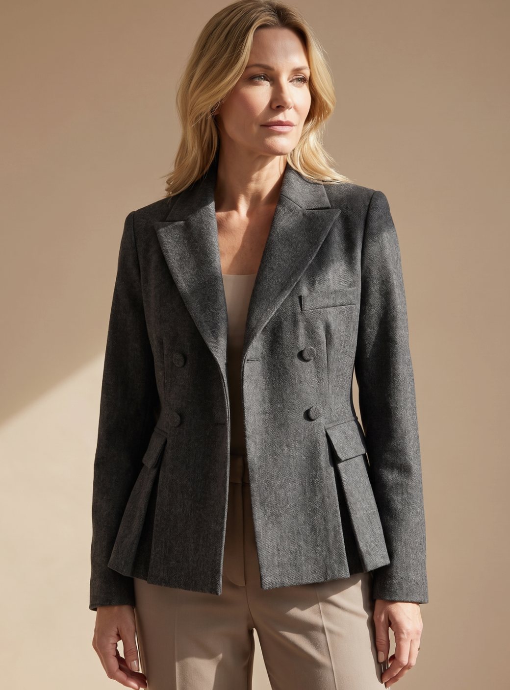 Detalle de los botones y solapa del blazer cruzado Victoria